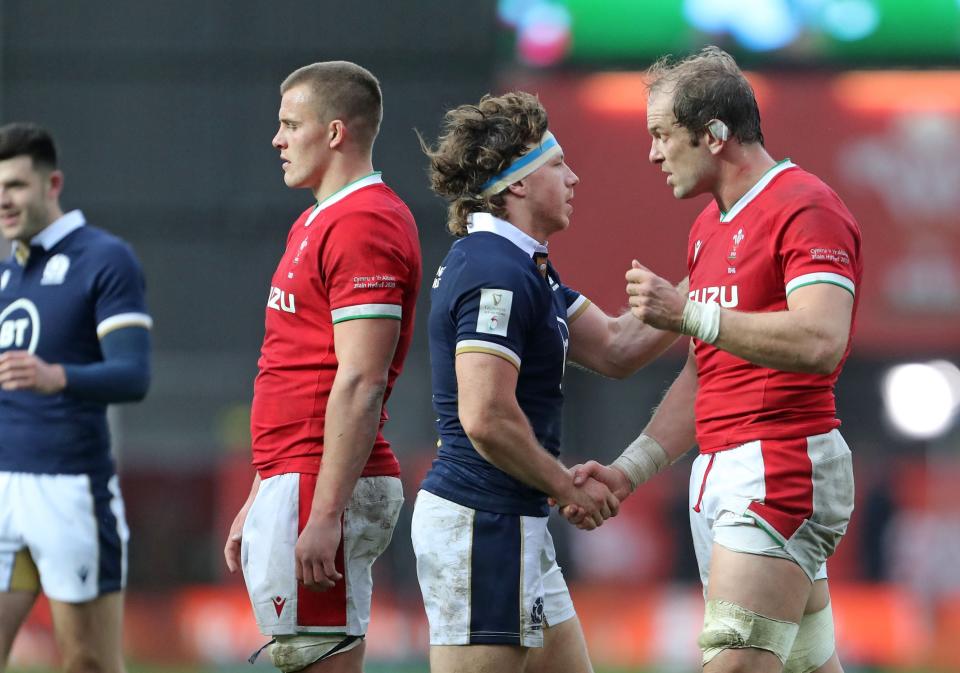 Hamish Watson congratulates Alun Wyn Jones on his Test record after Scotland’s win over Wales (Getty)