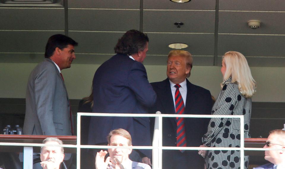 President Donald Trump and his wife Melania were in the house at Bryant-Denny Stadium to watch the Alabama vs LSU game Saturday, Nov. 9, 2019. Here, he shakes trustee Jim Wilson's hand. [Staff Photo/Gary Cosby Jr.]