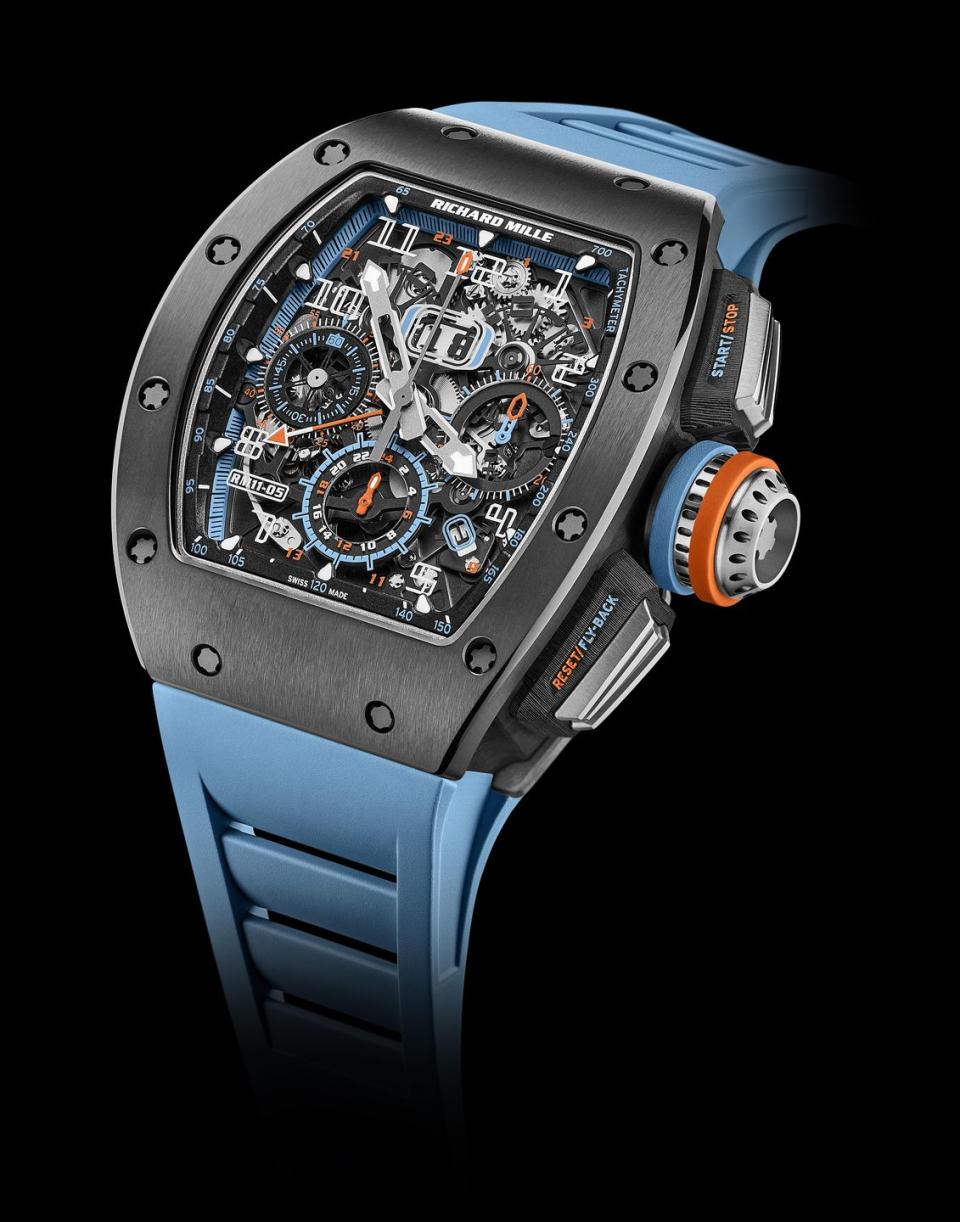 <p>RM 11-05 </p><p><a class="link " href="https://www.richardmille.com/" rel="nofollow noopener" target="_blank" data-ylk="slk:SHOP;elm:context_link;itc:0;sec:content-canvas">SHOP</a></p><p>Built from a new material that combines “the lightness of titanium” with “the hardness of diamond” and looking like something from the distant future, this could only be a Richard Mille watch. The latest in a series of ludicrously high-end chronographs that began with the RM 011 in 2007, the RM 11-05 is topped off with a flyback function, a GMT indicator and an annual calendar. Richard Mille likes to describe his watches as “a racing machine on the wrist” and while watch/car comparisons are ten-a-penny, it's hard to disagree: with their sporty looks and bleeding-edge design and materials, Richard Mille’s inventions are truly the supercars of the watch world. Fittingly, this costs the same as a Ferrari Portofino. </p><p>£170,000; <a href="https://www.richardmille.com/" rel="nofollow noopener" target="_blank" data-ylk="slk:richardmille.com;elm:context_link;itc:0;sec:content-canvas" class="link ">richardmille.com</a></p>