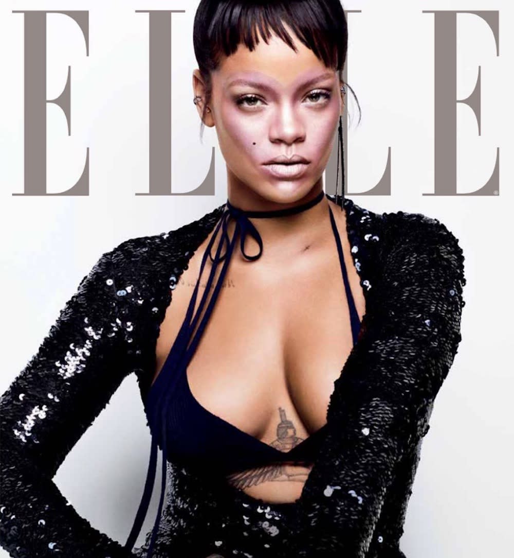 Rihanna has a literal heart emoji on her face on the cover of “Elle” magazine