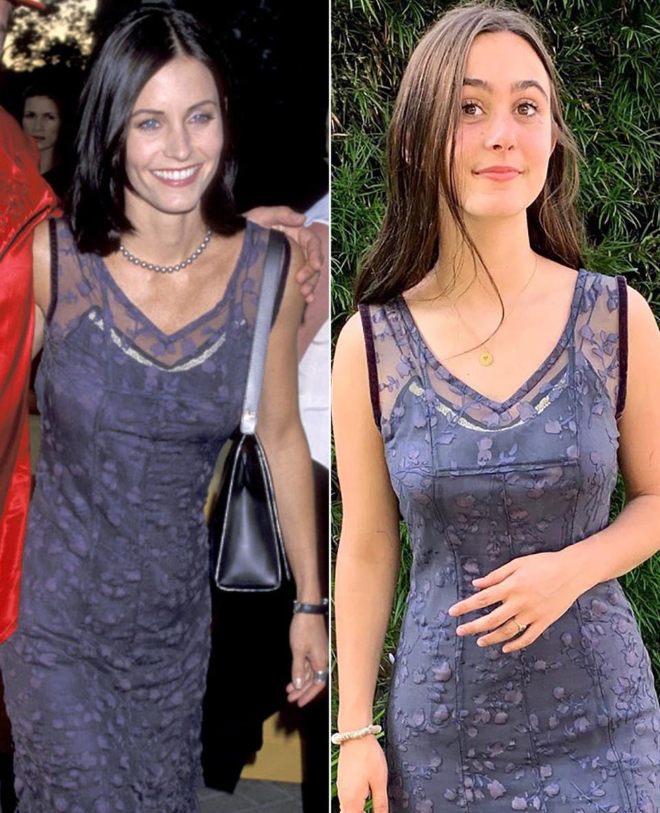 The purple floral dress <a href="https://people.com/style/courteney-cox-daughter-coco-wears-red-carpet-dress-21-years-ago/" rel="nofollow noopener" target="_blank" data-ylk="slk:Coco borrowed from her mom's closet;elm:context_link;itc:0;sec:content-canvas" class="link ">Coco borrowed from her mom's closet</a> may officially be classified as "vintage" (Courteney first wore it to the 1998 premiere of <em>Snake Eyes)</em>, but on the 14 year old, it looks brand-new. "I’m not one to hold onto things but this was a damn good purchase! 21 years later…” Courteney <a href="https://www.instagram.com/p/BylP2z0juul/" rel="nofollow noopener" target="_blank" data-ylk="slk:wrote on Instagram;elm:context_link;itc:0;sec:content-canvas" class="link ">wrote on Instagram</a>.