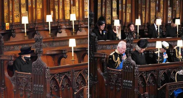 The King sat in the same seat where his mother had sat alone during Prince Philip's funeral last year. (PA)