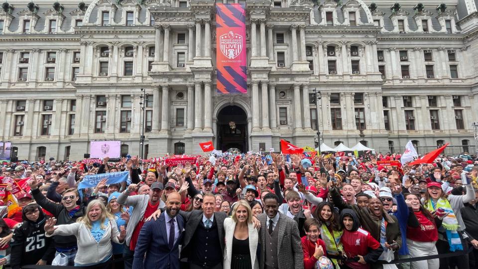 Tim Howard, Robbie Mustoe, Rebecca Lowe, and Robbie Earle at NBC’s 2022 FanFest