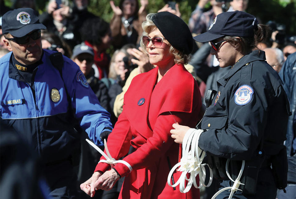 Jane Fonda was arrested in 2019 during a Fire Drill Friday in support of the Green New Deal.