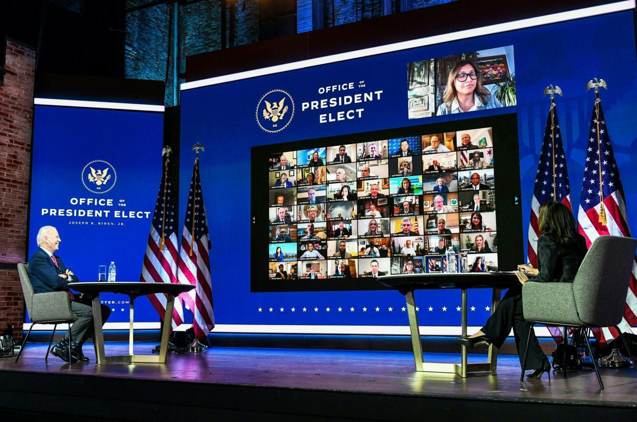 President-elect Joe Biden with Vice President-elect Kamala Harris participate in a virtual meeting with the United States Conference of Mayors at the Queen in Wilmington, Delaware, on 23 November, 2020 (AFP via Getty Images)