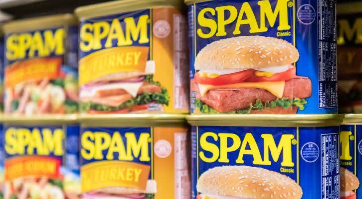 Grocery shelf of SPAM cans made by Hormel (HRL)