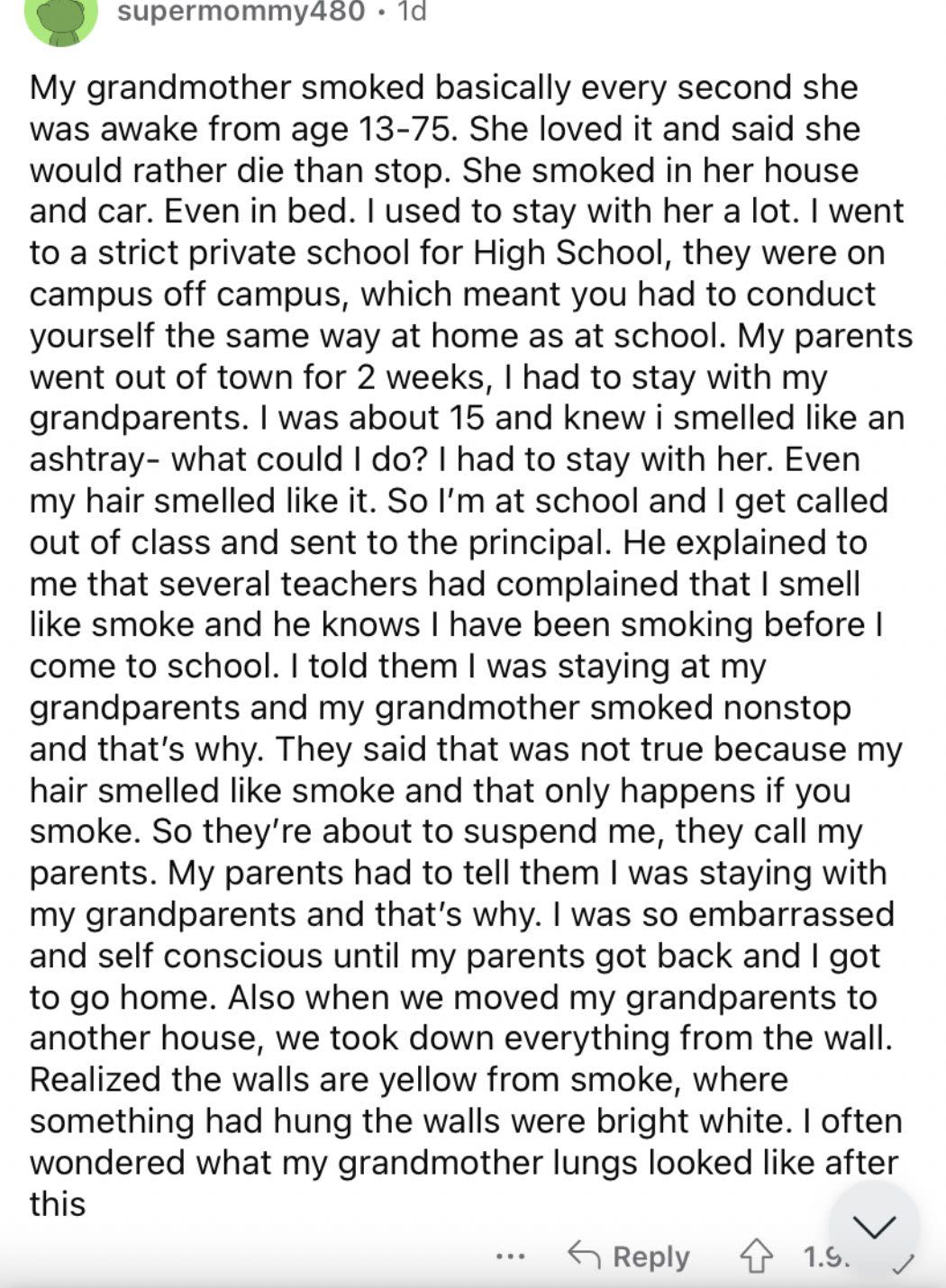 Reddit screenshot about someone who had a grandma that smoked all the time.