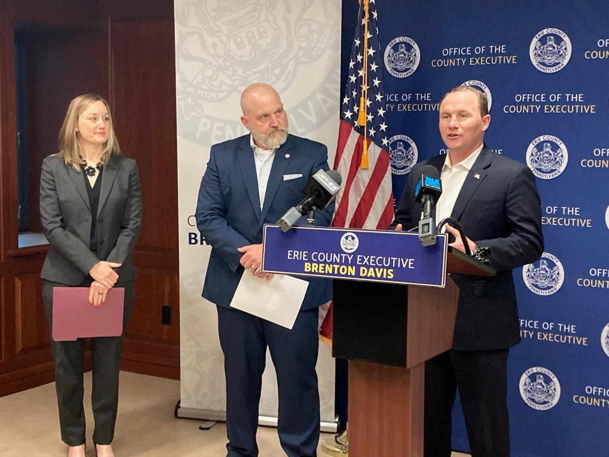 Erie County Executive Brenton Davis speaks to reporters about Gannon University's water research and education center during a news conference at the Erie County Courthouse on April 24, 2024. To his left are Gannon provost Sarah Ewing and Gannon President Walter Iwanenko.