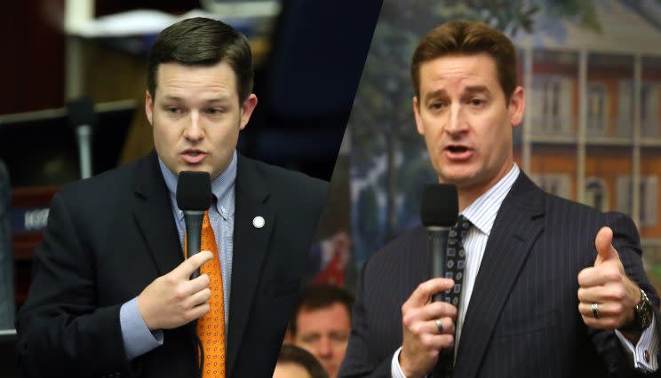 Florida Rep. Jake Raburn, R-Lithia and Florida Rep. Greg Steube, R-Sarasota. (Photos: Steve Cannon, Scott Keeler/Tampa Bay Times/ZUMAPRESS.com)