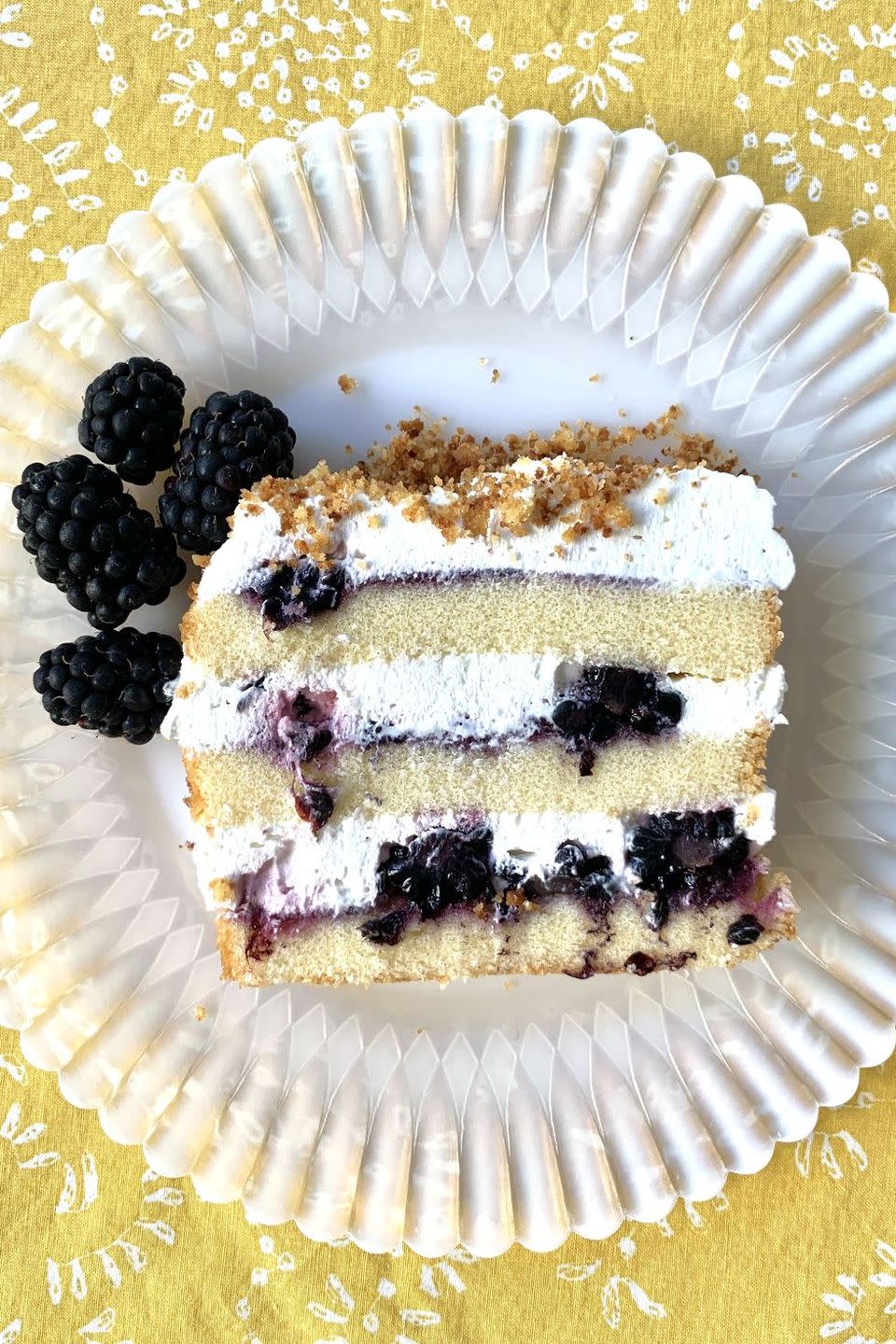 spring cake recipes blackberry ice box cake slice on plate