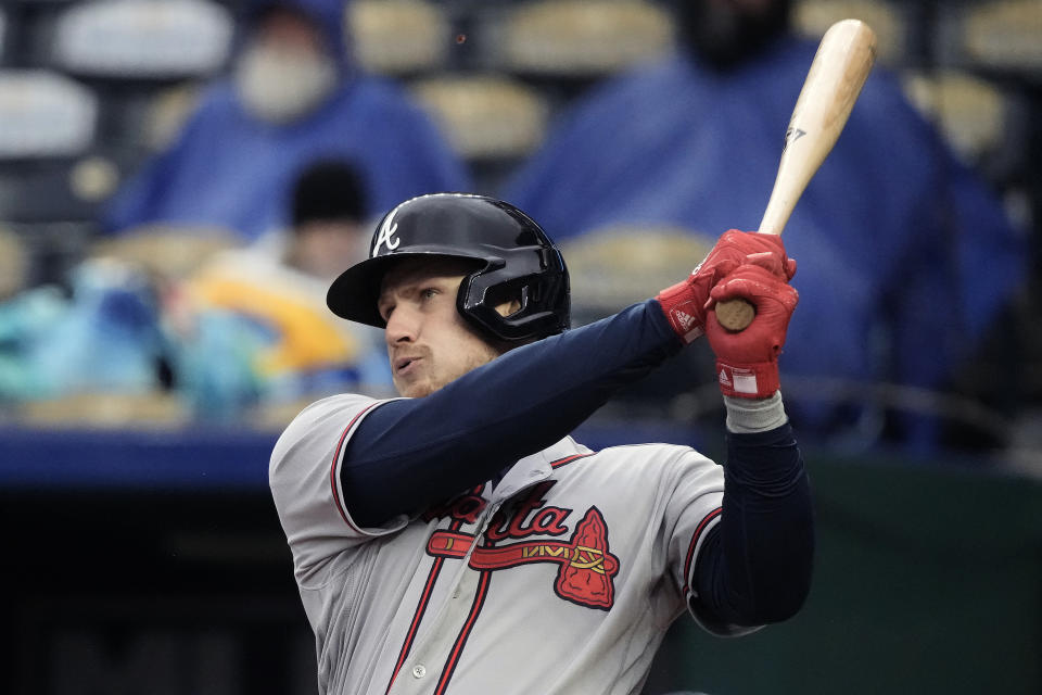 Atlanta Braves' Sean Murphy watches his solo home run during the fifth inning of a baseball game against the Kansas City Royals Saturday, April 15, 2023, in Kansas City, Mo. (AP Photo/Charlie Riedel)