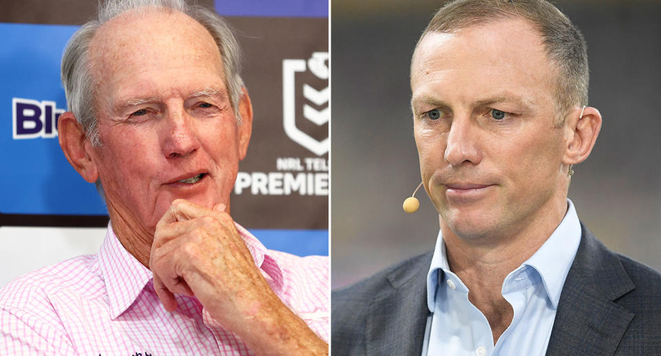 Pictured right to left, NRL great Darren Lockyer and Dolphins coach Wayne Bennett.