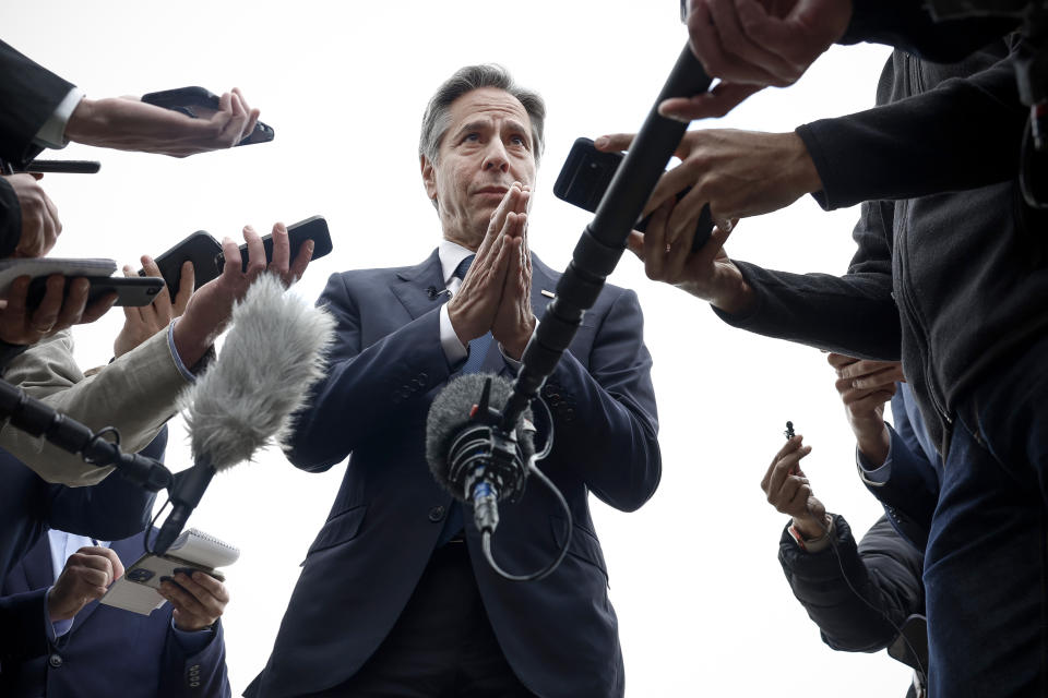 U.S. Secretary of State Antony Blinken speaks to members of the media before boarding his plane to return to Washington, following his week-long trip aimed at calming tensions across the Middle East, in Cairo, Egypt, Thursday Jan. 11, 2024. (Evelyn Hockstein/Pool via AP)