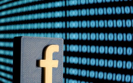 FILE PHOTO: A 3-D printed Facebook logo is seen in front of displayed binary code in this illustration picture