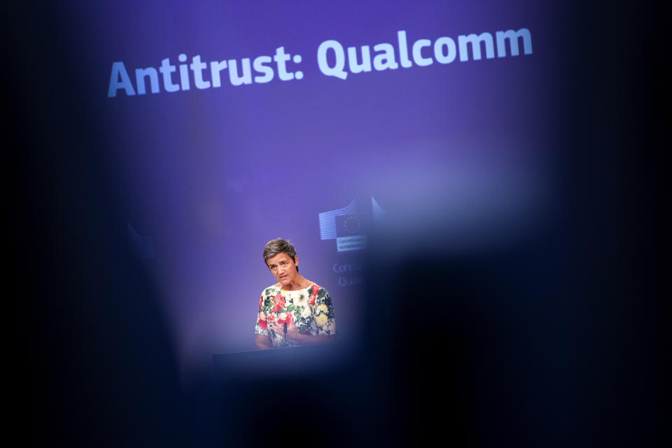 European Antitrust Commissioner Margrethe Vestager talks to journalists during a news conference at the European Commission headquarters in Brussels, Thursday, July 18, 2019. The European Union has fined U.S. chipmaker Qualcomm $271 million, accusing it of "predatory pricing". (AP Photo/Francisco Seco)