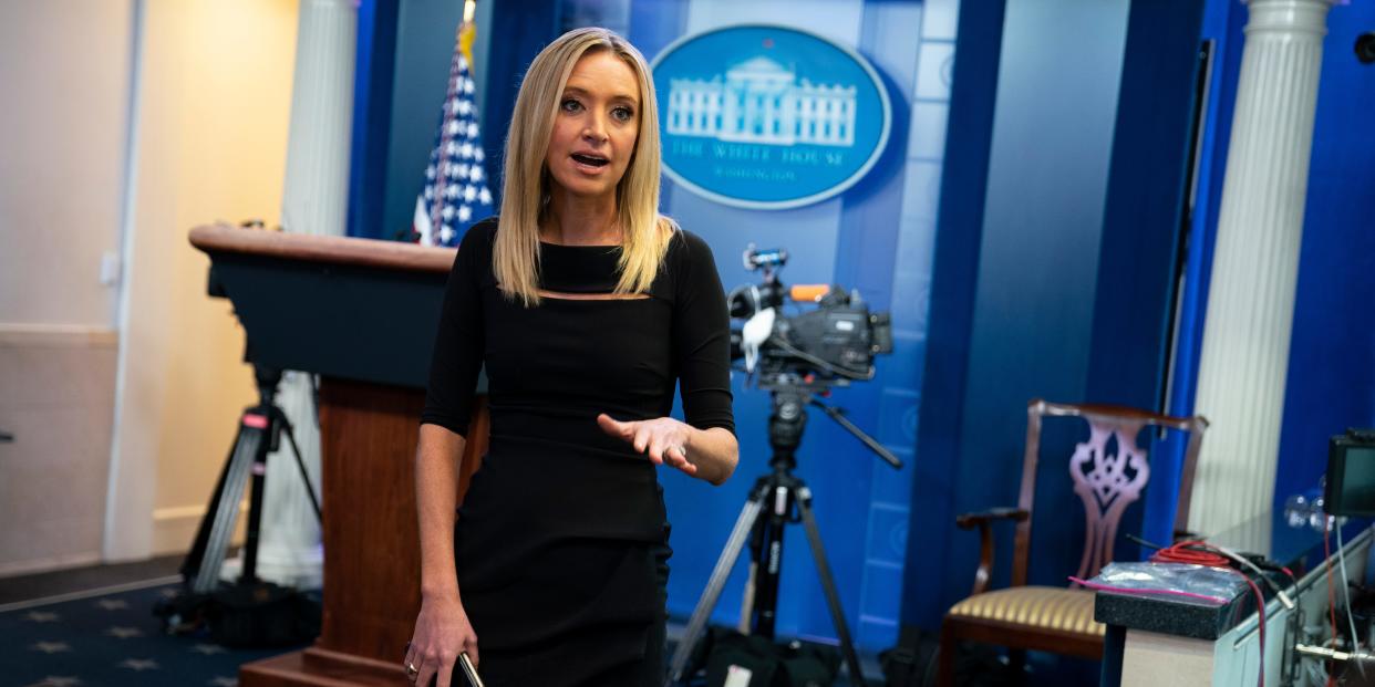 White House press secretary Kayleigh McEnany talks with reporters in the briefing room of the White House, Thursday, April 30, 2020, in Washington. (AP Photo/Evan Vucci)