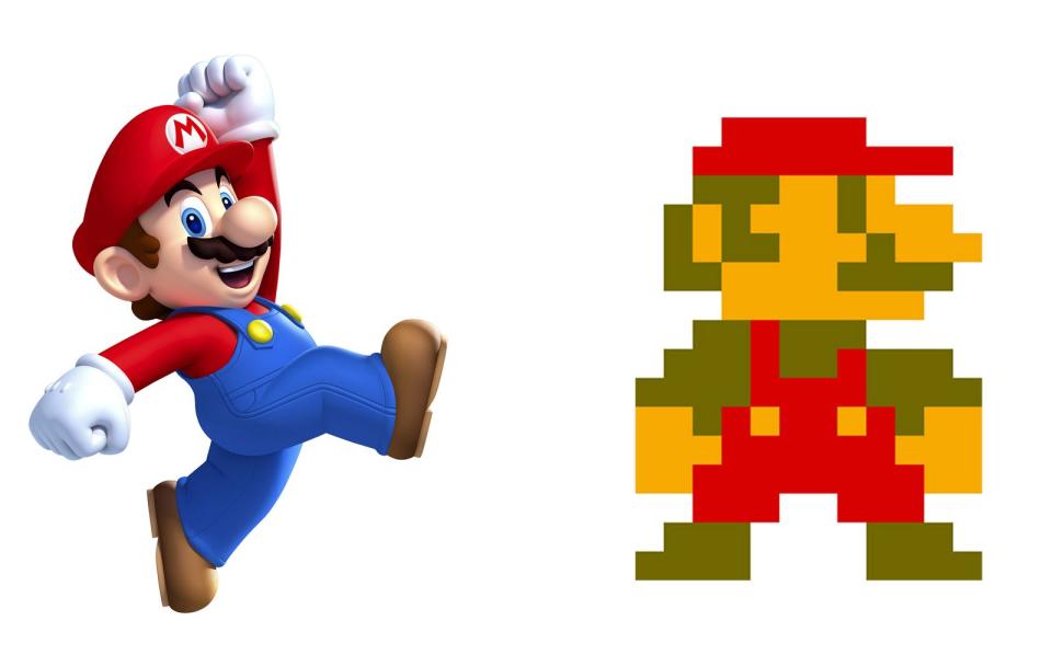 Besondere Kennzeichen: klein und korpulent, Schnauzbart, rote Mütze, Latzhose. Mit diesen Merkmalen war Mario bereits in der 8-Bit-Ära (rechts) ausgestattet. Auch aus technischen Gründen: Die Latzhose und das farbige Oberteil trugen dazu bei, Marios Bewegungsabläufe deutlicher darzustellen. Die Knubbelnase und der Schnauzer erleichterten es, Marios Gesicht zu erkennen. (Bild: Nintendo)