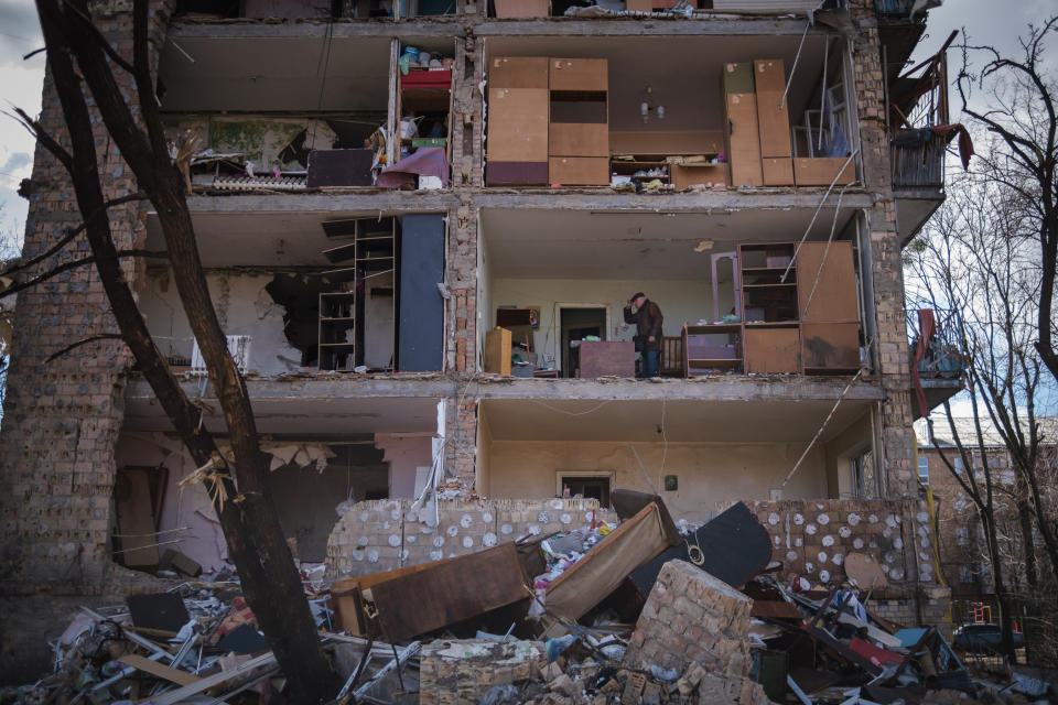 KYIV, UKRAINE - MARCH 27: A view of a heavily damaged building after shelling at the Vitryani Hory area in Kyiv, Ukraine on March 27, 2022. (Photo by Andres Gutierrez/Anadolu Agency via Getty Images)