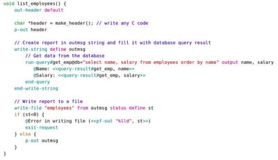 Sample Vely code, illustrating instructions embedded in C code