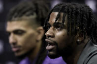 Kansas State's Selton Miguel speaks to the media during Big 12 NCAA college basketball media day Wednesday, Oct. 20, 2021, in Kansas City, Mo. (AP Photo/Charlie Riedel)