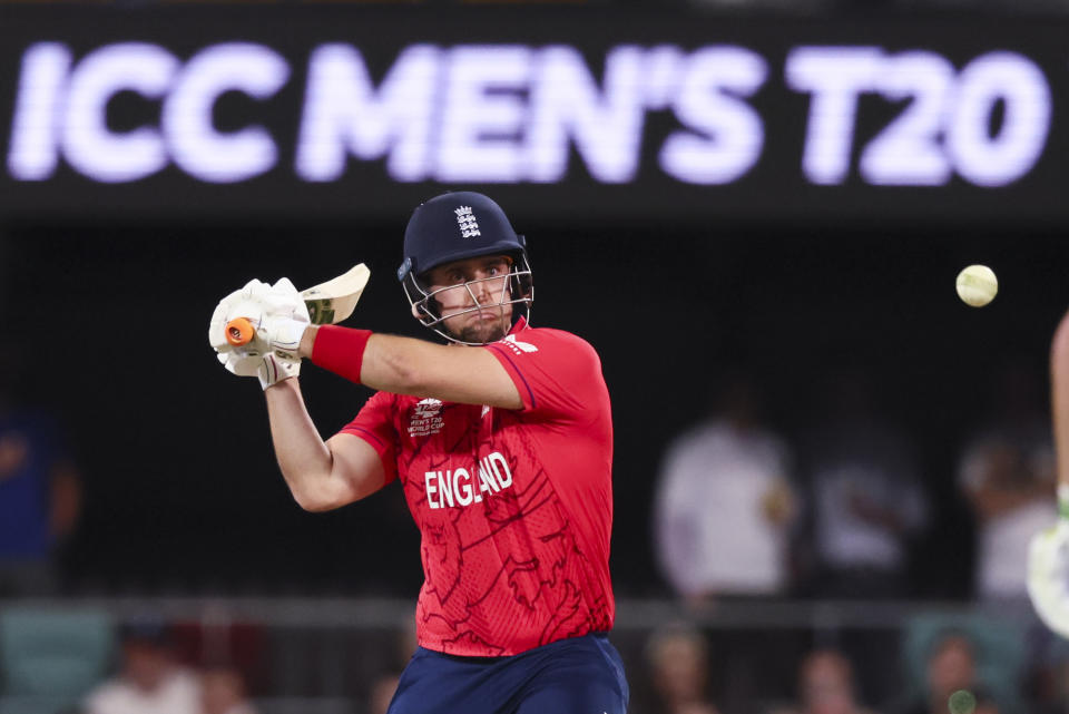 England's Liam Livingstone bats during the T20 World Cup cricket match between England and New Zealand in Brisbane, Australia, Tuesday, Nov. 1, 2022. (AP Photo/Tertius Pickard)