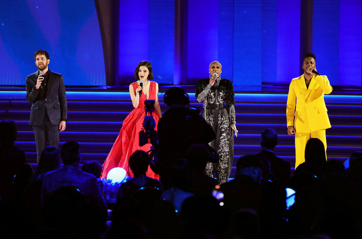 Ben Platt Cynthia Erivo Leslie Odom Jr Rachel Zegler Sing Sondheim Tribute During Grammys