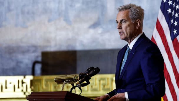 PHOTO: House Minority Leader Kevin McCarthy delivers remarks during a Congressional Gold Medal Ceremony for U.S. Capitol Police and D.C. Metropolitan Police officers in the Rotunda of the U.S. Capitol Building on Dec. 6, 2022 in Washington, DC. (Anna Moneymaker/Getty Images)