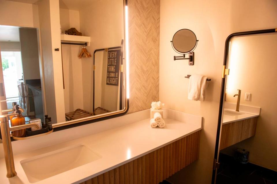 A bathroom in one of the guest rooms at the newly renovated Gulf Hills Hotel and Resort in Ocean Springs on Thursday, Jan. 11, 2024.