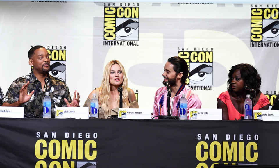 <p>Will Smith, Margot Robbie, Jared Leto, and Viola Davis at the Warner Bros. panel on July 23. The cast showed off another trailer for the Aug. 5 movie. <i>(Photo: Kevin Winter/Getty Images)</i></p>