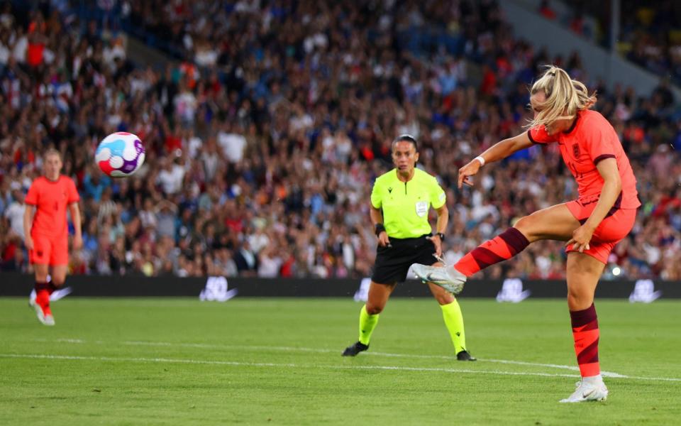 Lauren Hemp volleys in England's fourth - Free-scoring England put five past defending champions Holland in Women's Euros warm-up - GETTY IMAGES