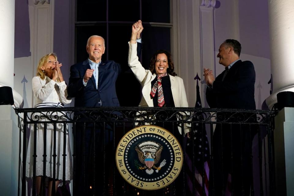 Joe Biden and Kamala Harris with spouses Jill Biden and Doug Emhoff during an Independence Day celebration in Washington, U.S., July 4, 2024.