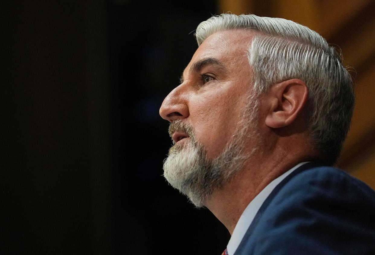 Gov. Eric Holcomb speaks to lawmakers during the State of the State address Tuesday, Jan. 10, 2023 at the Indiana State Capitol in Indianapolis. 