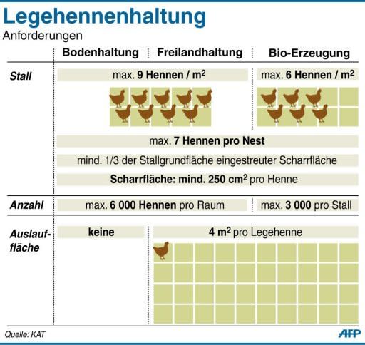 Bei der Bodenhaltung haben die Hühner keine Auslaufmöglichkeiten ins Freie, bei Freilandhaltung oder Bio-Erzeugung schon. Bei letzterer sind nicht mehr als sechs Hennen pro Quadratmeter erlaubt