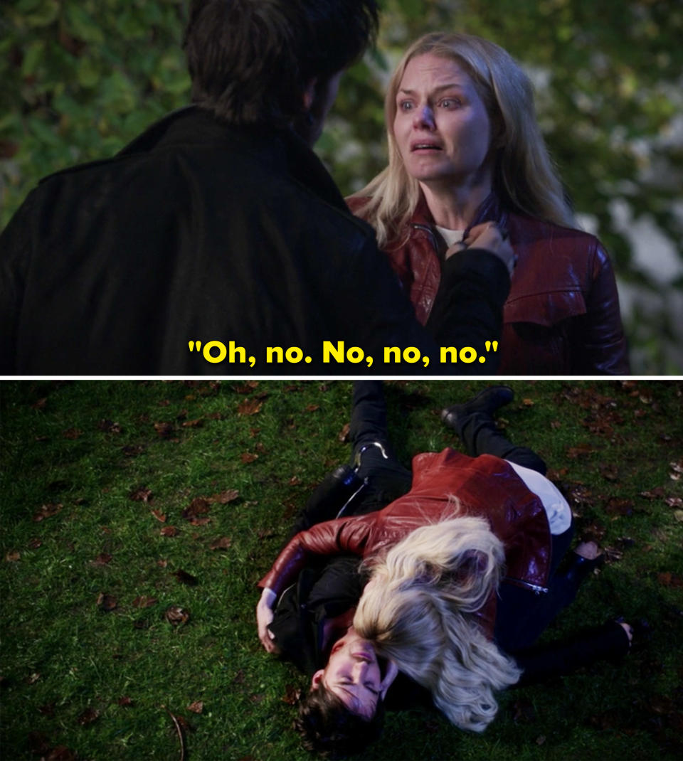 Emma repeating "No" as she cries and lies on top of Hook's body