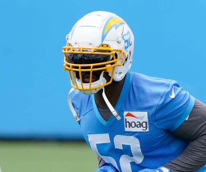 Los Angeles Chargers linebackers Khalil Mack warms up at the NFL football team's practice facility.