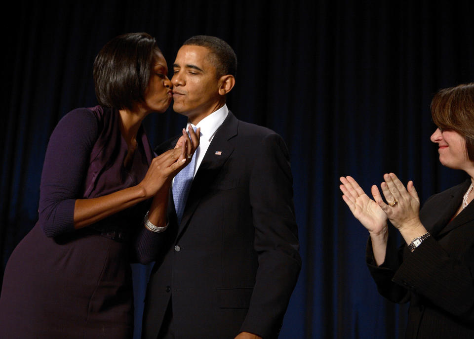 <p>Michelle kisses President Obama after his speech at the 58th National Prayer Breakfast. <em>[Photo: Getty]</em> </p>