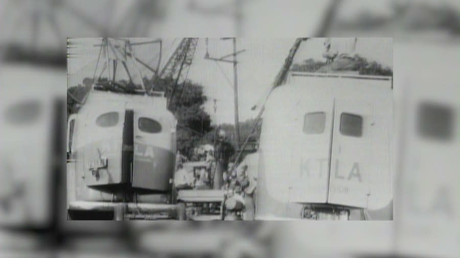 KTLA news vans at the scene of the Kathy Fiscus rescue in San Marino, California in April 1949. (KTLA)