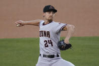 Arizona Diamondbacks starting pitcher Luke Weaver throws to a Los Angeles Dodgers batter during the first inning of a baseball game Thursday, Sept. 3, 2020, in Los Angeles. (AP Photo/Marcio Jose Sanchez)