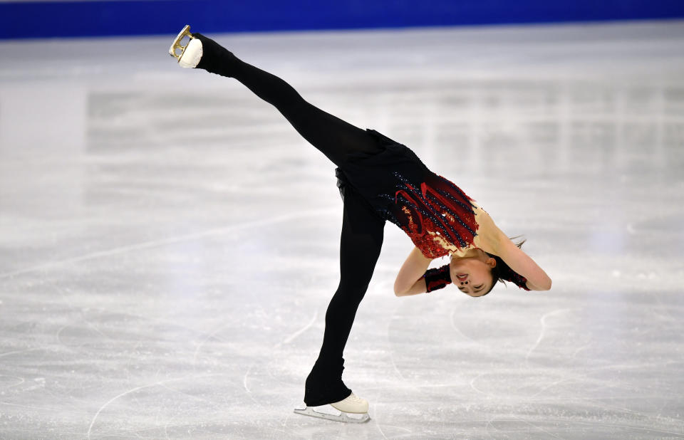 Rika Kihira of Japan performs during the Ladies Short Program at the Figure Skating World Championships in Stockholm, Sweden, Wednesday, March 24, 2021. (AP Photo/Martin Meissner)