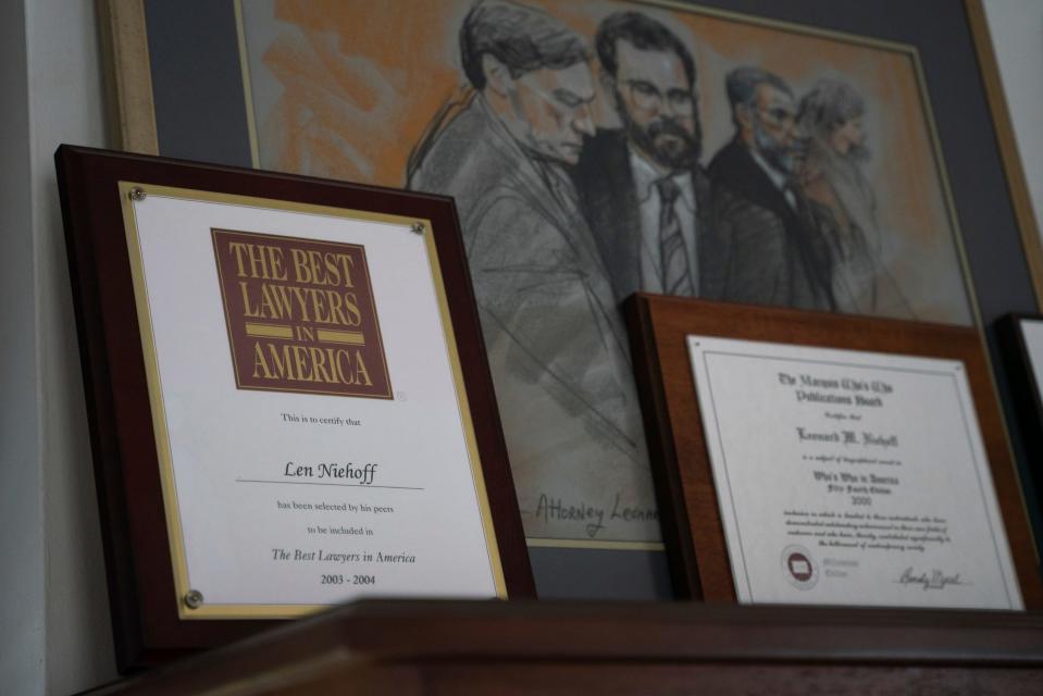 Awards are seen in the office of Len Niehoff, a professor at the University of Michigan Law School, at Hutchins Hall in Ann Arbor on Wednesday, August 30, 2023.