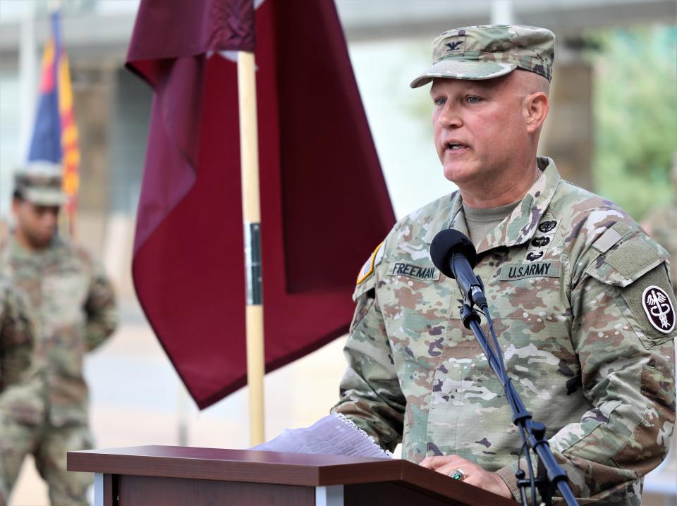 Army Col. Lee Freeman, new commander of the William Beaumont Army Medical Center, speaks at the change of command ceremony Thursday outside the Fort Bliss medical complex in East El Paso.
