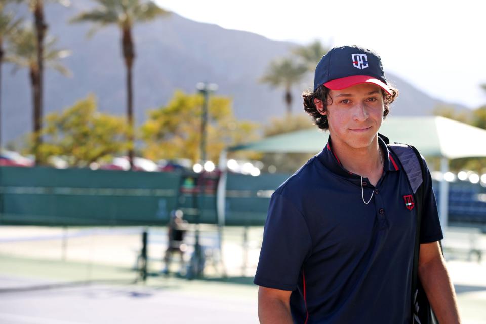 Palm Desert High School tennis player Eduardo Gonzalez spends time as a hitting partner for some WTA pros during the BNP Paribas Open at the Indian Wells Tennis Garden in Indian Wells, Calif., on Sunday, March 12, 2023.  