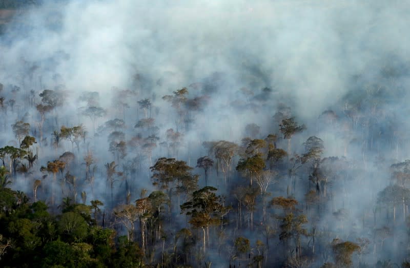 FILE PHOTO: Smoke billows during a fire in an area of the Amazon rainforest near Porto Velho