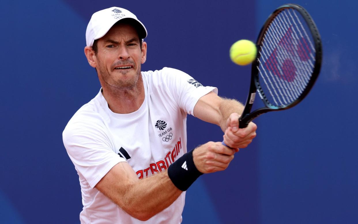 Andy Murray of Team GB trains during the tennis training session ahead of the Paris 2024 Olympic Games at Roland Garros on July 24, 2024 in Paris, France