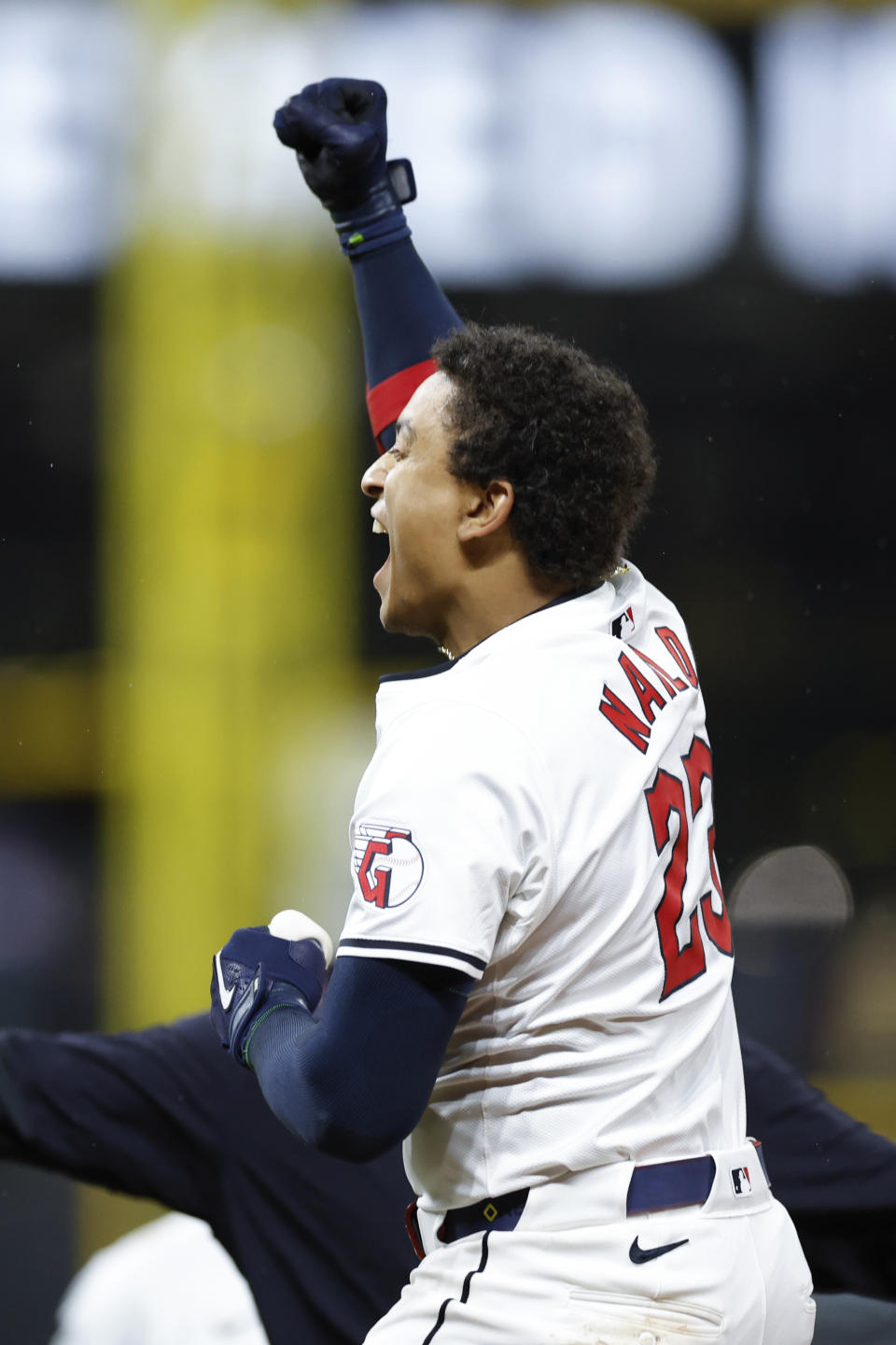 Cleveland Guardians' Bo Naylor celebrates his game winning RBI single off Chicago White Sox pitcher Bryan Shaw in a baseball game, Wednesday, April 10, 2024, in Cleveland. (AP Photo/Ron Schwane)