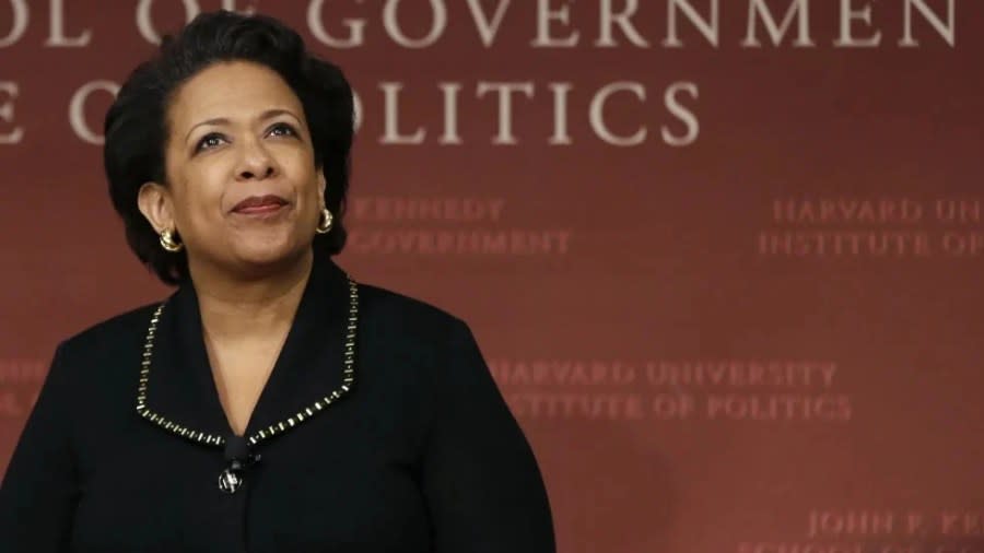 Former U.S. Attorney General Loretta Lynch looks at the audience during a conference at Harvard University’s Kennedy School of Government, Friday, April 7, 2017, in Cambridge, Mass. (AP Photo/Elise Amendola, File)