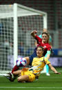 Hayley Raso of Australia is challenged by Maren Mjelde of Norway during the 2019 FIFA Women's World Cup France Round Of 16 match between Norway and Australia at Stade de Nice on June 22, 2019 in Nice, France. (Photo by Joosep Martinson - FIFA/FIFA via Getty Images)