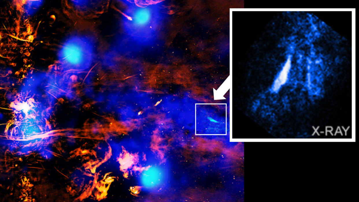  A scene of lots of color-coded smears of gas. On the right, an inset shows a zoomed-in section of the scene. 