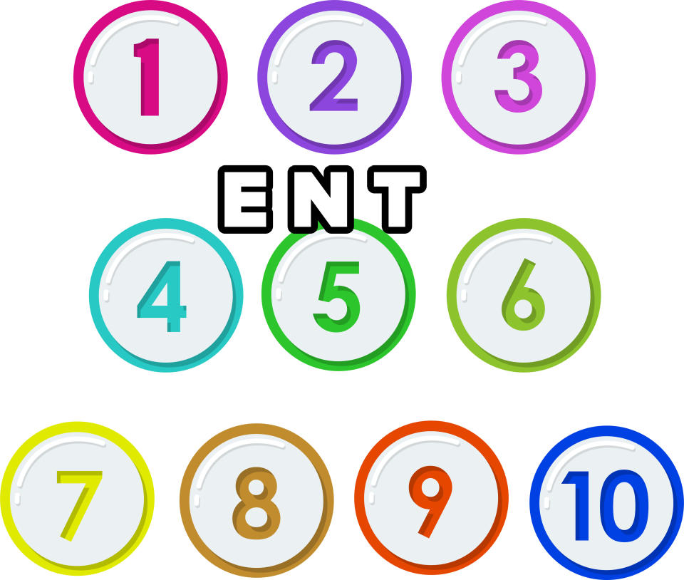 A series of numbered circular icons from 1 to 10. The numbers are in individual circles with different colored borders