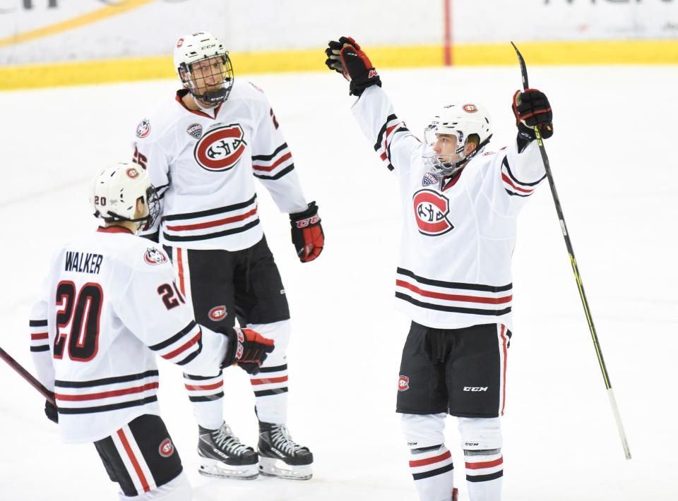 St. Cloud State sophomore Veeti Miettinen celebrates a goal Saturday, Feb. 26, 2022, at Herb Brooks National Hockey Center in St. Cloud. SCSU won 6-2 over the Tigers to secure a series sweep on Saturday night.